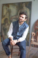 Nehru Gilet Made in England from Blue British Lambswool and a contrast Nehru collar in navy wool. Known as Nehru Vest, Nehru Jacket, Nehru Waistcoat, Nehru Gilet. Finished with horn buttons. British designer, British menswear, Made in England. Smart casual Menswear.