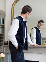 Titian - Nehru Gilet Made in England from Navy Cotton Velvet. Navy Velvet Nehru Gilet. Known as Nehru Vest, Nehru Waistcoat, Nehru Gilet. Silk froggings. British designer, British menswear, Made in England. Smart casual Menswear.