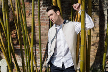 Marmaduke Nehru Gilet Nehru Vest Waistcoat crafted from linen, lined with our stunning hand drawn paisley prints, finished with coconut shell buttons. Nehru Waistcoast, Nehru jacket, Mandarin Collar. Made in England.