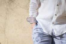 Marmaduke London luxury linen shirt, crafted from pure linen and finished with horn buttons. Featuring our popular hand drawn prints in cuffs and collar. Luxury summer menswear, beachwear.