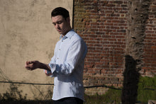 Marmaduke London luxury linen shirt, crafted from pure linen and finished with horn buttons. Featuring our popular hand drawn prints in cuffs and collar. Luxury summer menswear, beachwear.