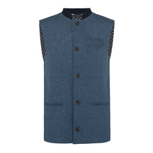 Nehru Gilet Made in England from Blue British Lambswool and a contrast Nehru collar in navy wool. Known as Nehru Vest, Nehru Waistcoat, Nehru Gilet. Finished with horn buttons. British designer, British menswear, Made in England. Smart casual Menswear. 