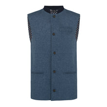 Nehru Gilet Made in England from Blue British Lambswool and a contrast Nehru collar in navy wool. Known as Nehru Vest, Nehru Waistcoat, Nehru Gilet. Finished with horn buttons. British designer, British menswear, Made in England. Smart casual Menswear.