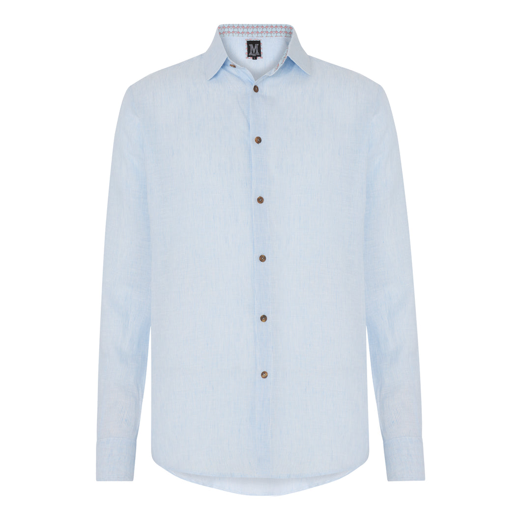 Marmaduke London luxury linen shirt, crafted from pure linen and finished with horn buttons. Featuring our popular hand drawn prints in cuffs and collar. Luxury summer menswear, beachwear.