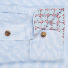 Marmaduke London luxury linen shirt, crafted from pure linen and finished with horn buttons. Featuring our popular hand drawn prints in cuffs and collar. Luxury summer menswear, beachwear.