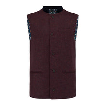 Nehru Gilet Made in England from Burgundy Lambswool and a contrast Nehru collar in navy velvet. Known as Nehru Vest, Nehru Waistcoat, Nehru Gilet. Finished with horn buttons. British designer, British menswear, Made in England. Smart casual Menswear. 