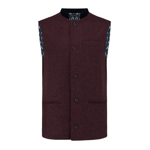 Nehru Gilet Made in England from Burgundy Lambswool and a contrast Nehru collar in navy velvet. Known as Nehru Vest, Nehru Waistcoat, Nehru Gilet. Finished with horn buttons. British designer, British menswear, Made in England. Smart casual Menswear.