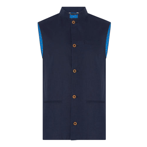 Marmaduke Nehru Gilet Nehru Waistcoat Nehru Vest crafted from linen, lined with our stunning hand drawn paisley prints, finished with coconut shell buttons. Nehru Waistcoast, Nehru jacket, Mandarin Collar. Made in England.