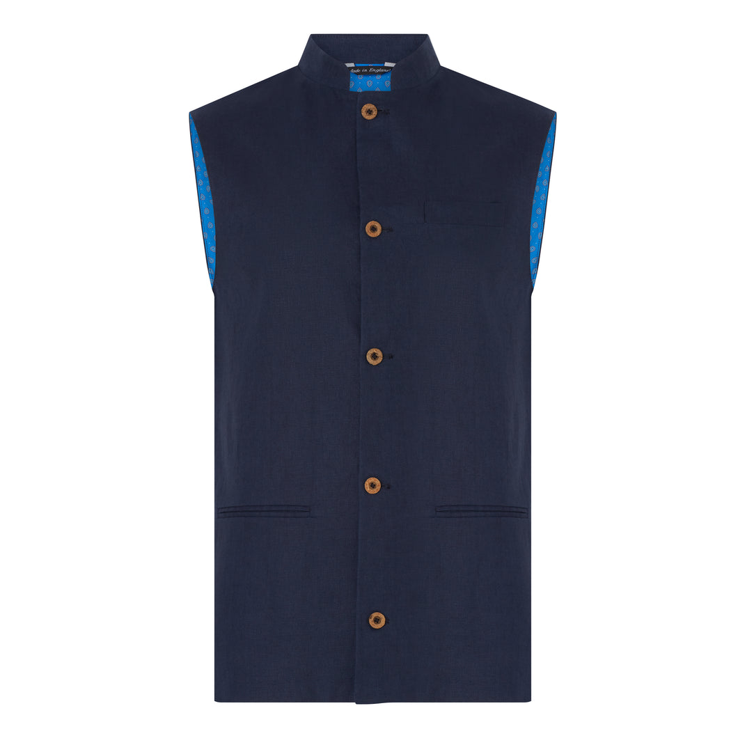 Marmaduke Nehru Gilet Nehru Waistcoat Nehru Vest crafted from linen, lined with our stunning hand drawn paisley prints, finished with coconut shell buttons. Nehru Waistcoast, Nehru jacket, Mandarin Collar. Made in England.
