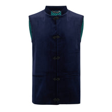 Titian - Nehru Gilet Made in England from Navy Cotton Velvet. Navy Velvet Nehru Gilet. Known as Nehru Vest, Nehru Waistcoat, Nehru Gilet. Silk froggings. British designer, British menswear, Made in England. Smart casual Menswear.