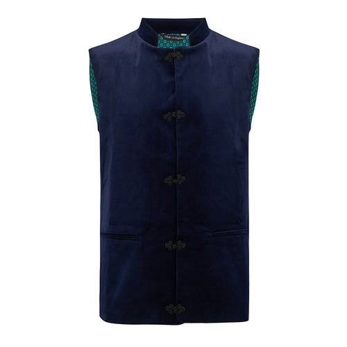 Titian - Nehru Gilet Made in England from Navy Cotton Velvet. Navy Velvet Nehru Gilet. Known as Nehru Vest, Nehru Waistcoat, Nehru Gilet. Silk froggings. British designer, British menswear, Made in England. Smart casual Menswear.