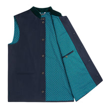 Lowry • The Navy Lambswool Nehru Gilet with Green Velvet Collar
