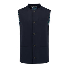 Nehru Gilet Made in England from Navy British Lambswool and a contrast Nehru collar in navy velvet. Known as Nehru Vest, Nehru Waistcoat, Nehru Gilet. Finished with horn buttons. British designer, British menswear, Made in England. Smart casual Menswear.