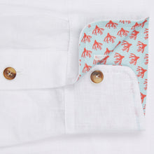 Marmaduke London luxury linen shirt, crafted from pure linen and finished with horn buttons. Featuring our popular hand drawn prints in cuffs and collar. Luxury summer menswear, beachwear.