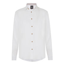 Marmaduke London luxury linen shirt, crafted from pure linen and finished with horn buttons. Featuring our popular hand drawn prints in cuffs and collar. Luxury summer menswear, beachwear.