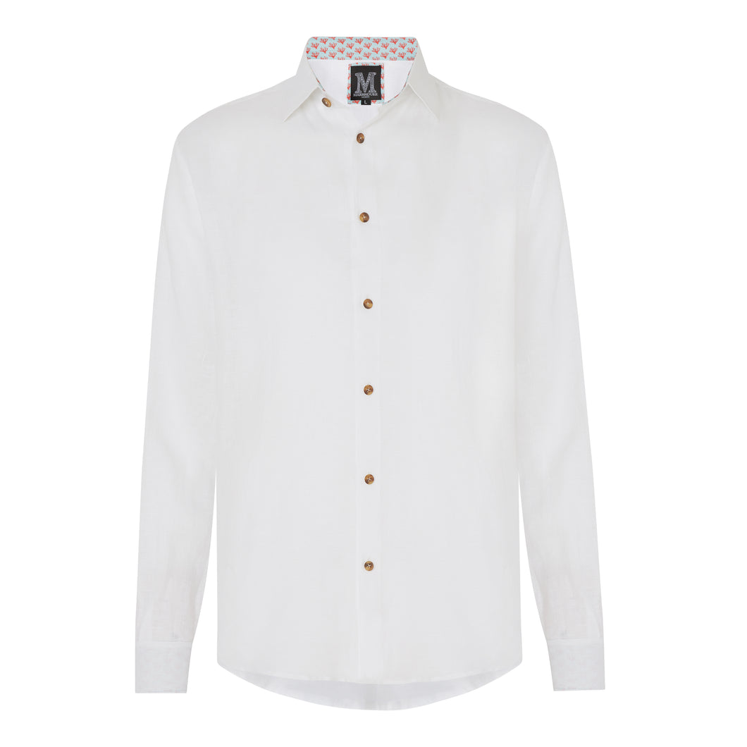 Marmaduke London luxury linen shirt, crafted from pure linen and finished with horn buttons. Featuring our popular hand drawn prints in cuffs and collar. Luxury summer menswear, beachwear.