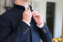 British Lambswool Nehru jacket. Contrast velvet Nehru Collar. Nehru Gilet, Nehru Vest, Nehru Waistcoat. Finished with horn buttons. British designer, British menswear, Made in England. Smart Casual Menswear. 
