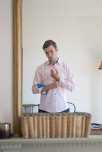 Pink Oxford Cotton Casual Shirt in light pink, with contrast cuffs and horn buttons. Smart casual, regular fit mens shirt. Menswear, casual mens clothing. Oxford Shirt. Casual Shirt. British Made menswear.