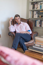 Pink Oxford Cotton Casual Shirt in light pink, with contrast cuffs and horn buttons. Smart casual, regular fit mens shirt. Menswear, casual mens clothing. Oxford Shirt. Casual Shirt. British Made menswear.