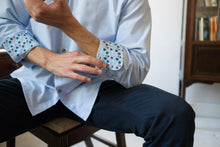 Blue Oxford Cotton Casual Shirt in light blue, with contrast cuffs and horn buttons. Smart casual, regular fit mens shirt. Menswear, casual mens clothing. British Made menswear.