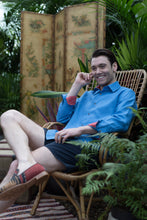Marmaduke London luxury linen shirts, crafted from pure linen and finished with horn buttons. Featuring our popular hand drawn prints in cuffs and collar. Luxury summer menswear, beachwear.