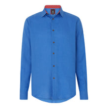 Marmaduke London luxury linen shirt, crafted from pure linen and finished with horn buttons. Featuring our popular hand drawn prints in cuffs and collar. Luxury summer menswear, beachwear.