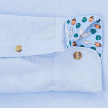 Blue Oxford Cotton Casual Shirt in light blue, with contrast cuffs and horn buttons. Smart casual, regular fit mens shirt. Menswear, casual mens clothing. British Made menswear.