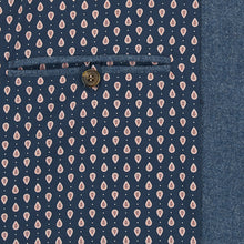 Nehru Gilet Made in England from Blue British Lambswool and a contrast Nehru collar in navy wool. Known as Nehru Vest, Nehru Waistcoat, Nehru Gilet. Finished with horn buttons. British designer, British menswear, Made in England. Smart casual Menswear. 