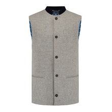 Nehru Gilet Made in England from Pale Grey British Lambswool and a contrast Nehru collar in navy wool. Known as Nehru Vest, Nehru Waistcoat, Nehru Gilet. Finished with horn buttons. British designer, British menswear, Made in England. Smart casual Menswear. 