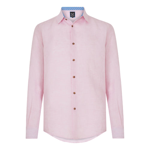 Marmaduke London luxury linen shirt, crafted from pure linen and finished with horn buttons. Featuring our popular hand drawn prints in cuffs and collar. Luxury summer menswear, beachwear.