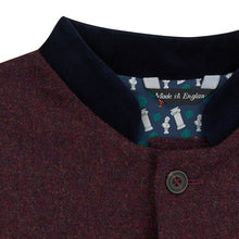 Nehru Gilet Made in England from Burgundy Lambswool and a contrast Nehru collar in navy velvet. Known as Nehru Vest, Nehru Waistcoat, Nehru Gilet. Finished with horn buttons. British designer, British menswear, Made in England. Smart casual Menswear. 