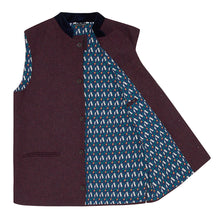 Nehru Gilet Made in England from Burgundy Lambswool and a contrast Nehru collar in navy velvet. Known as Nehru Vest, Nehru Waistcoat, Nehru Gilet. Finished with horn buttons. British designer, British menswear, Made in England. Smart casual Menswear. 