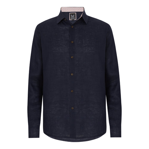 Marmaduke London luxury linen shirt, crafted from pure linen and finished with horn buttons. Featuring our popular hand drawn prints in cuffs and collar. Luxury summer menswear, beachwear.