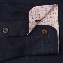 Marmaduke London luxury linen shirt, crafted from pure linen and finished with horn buttons. Featuring our popular hand drawn prints in cuffs and collar. Luxury summer menswear, beachwear.