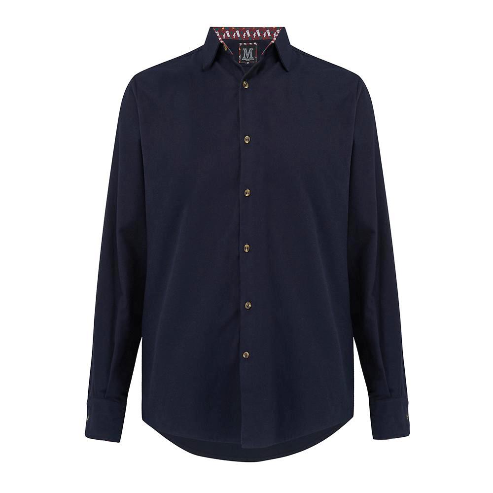Brushed Cotton Casual Shirt in navy, with contrast cuffs and horn buttons. Smart casual, regular fit mens shirt. Menswear, casual mens clothing. British Made menswear.