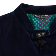 Titian - Nehru Gilet Made in England from Navy Cotton Velvet. Navy Velvet Nehru Gilet. Known as Nehru Vest, Nehru Waistcoat, Nehru Gilet. Silk froggings. British designer, British menswear, Made in England. Smart casual Menswear. 