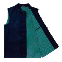 Titian - Nehru Gilet Made in England from Navy Cotton Velvet. Navy Velvet Nehru Gilet. Known as Nehru Vest, Nehru Waistcoat, Nehru Gilet. Silk froggings. British designer, British menswear, Made in England. Smart casual Menswear. 