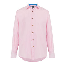 Pink Oxford Cotton Casual Shirt in light pink, with contrast cuffs and horn buttons. Smart casual, regular fit mens shirt. Menswear, casual mens clothing. Oxford Shirt. Casual Shirt. British Made menswear.