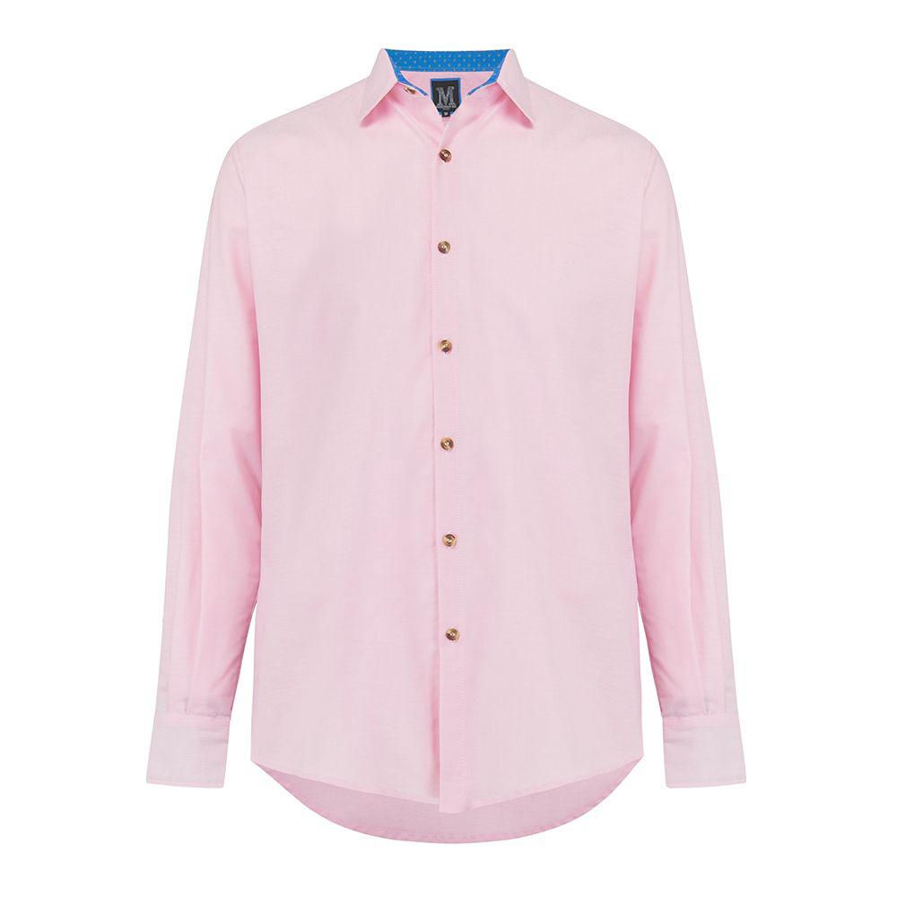 Pink Oxford Cotton Casual Shirt in light pink, with contrast cuffs and horn buttons. Smart casual, regular fit mens shirt. Menswear, casual mens clothing. Oxford Shirt. Casual Shirt. British Made menswear.