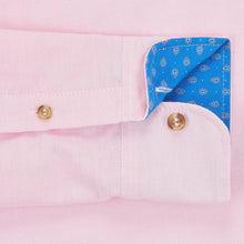 Pink Oxford Cotton Casual Shirt in light pink, with contrast cuffs and horn buttons. Smart casual, regular fit mens shirt. Menswear, casual mens clothing. Oxford Shirt. Casual Shirt. British Made menswear.