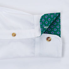 White Oxford Cotton Casual Shirt in white, with contrast cuffs and horn buttons. Smart casual, regular fit mens shirt. Menswear, casual mens clothing. Oxford Shirt. Casual Shirt. British Made menswear.